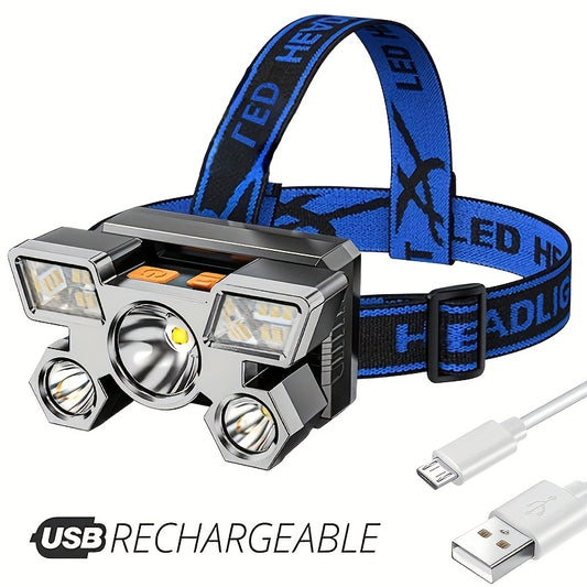 1pc Lightweight 5-LED Headlamp - USB Rechargeable & Built-in Battery - 4 Modes, Ideal for Outdoor Camping & Fishing - Comfortable, Hands-Free Lighting Solution