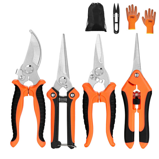 5 Packs, Garden Pruning Shears Stainless Steel Blades, Handheld Scissors Set With Gardening Gloves, Heavy Duty Garden Bypass Pruning Shears, Tree Trimmers Secateurs, Hand Pruner (Orange), Soft Cushion Grip Handle Clippers For Plants, Garden Tools